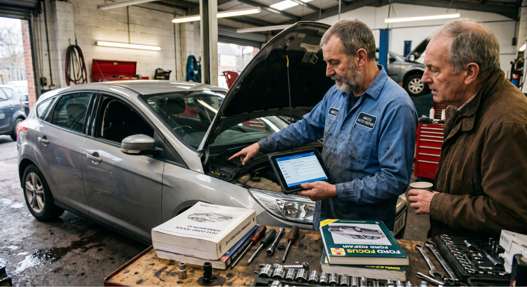 mechanic verifying vehicle vin before selecting manual