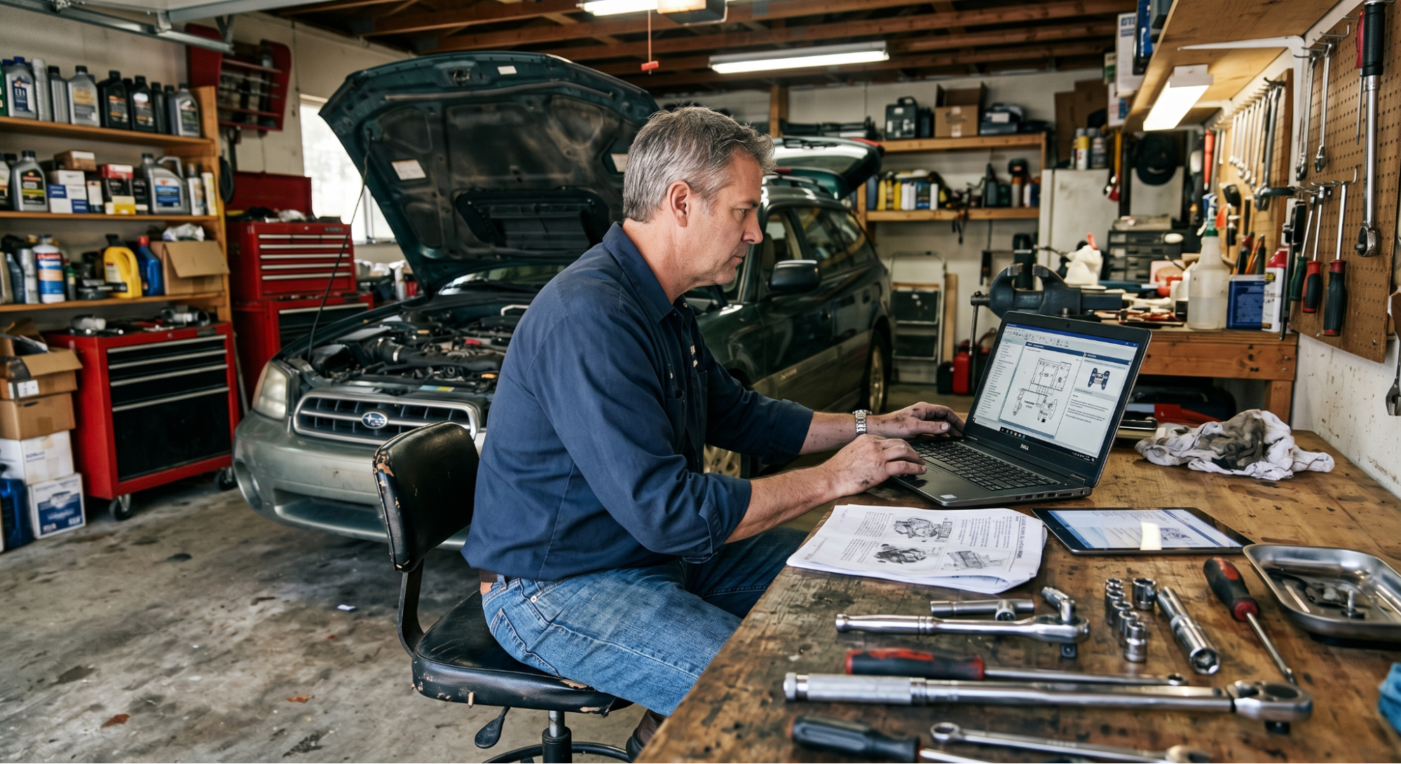 car owner reviewing digital factory repair manual