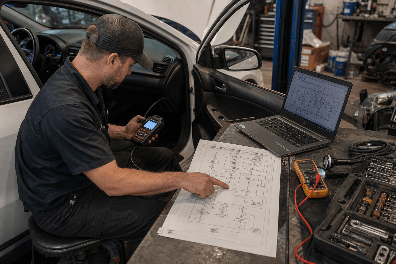 mechanic diagnosing obd2 code using flowchart