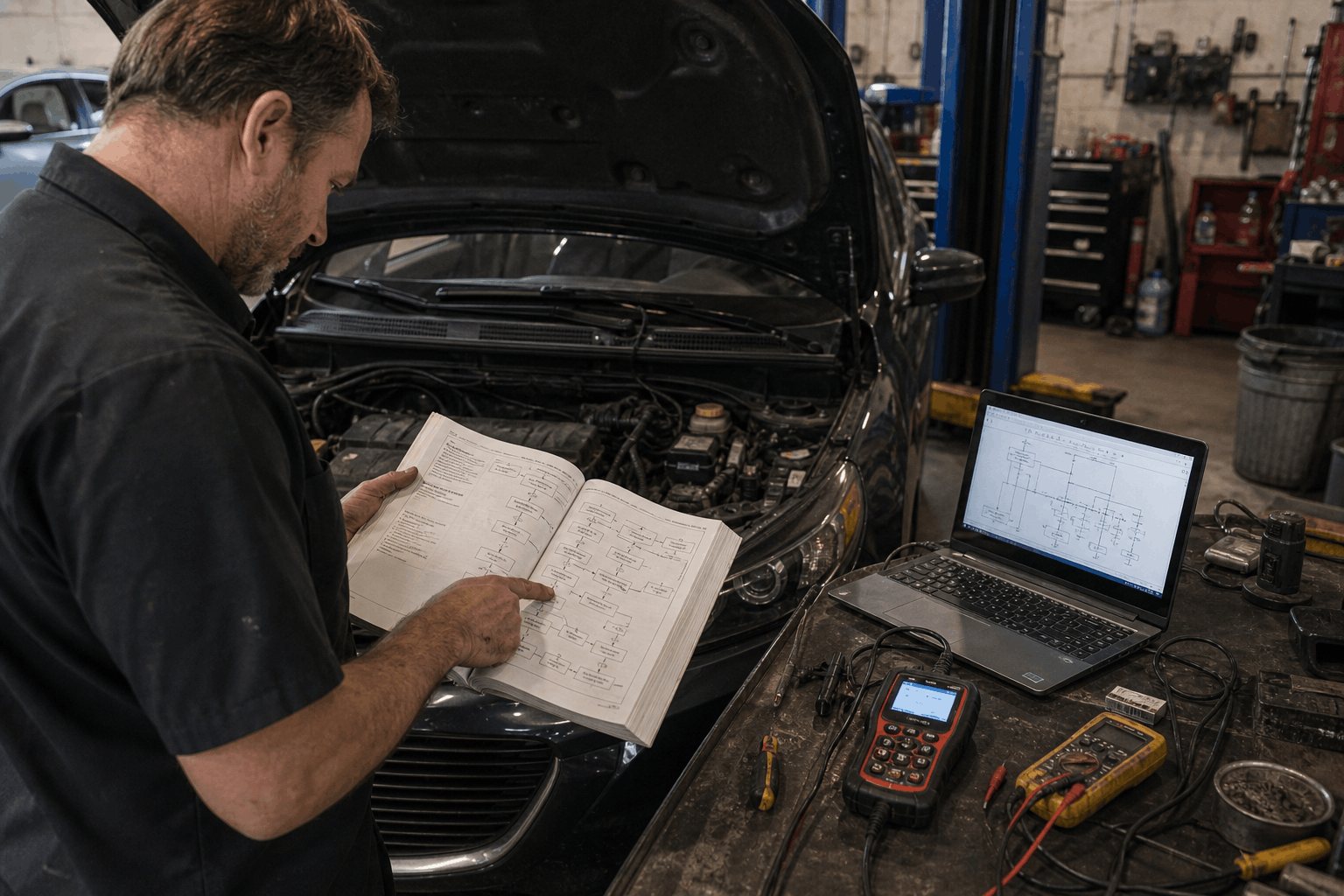 mechanic reading repair manual diagnostic flowchart