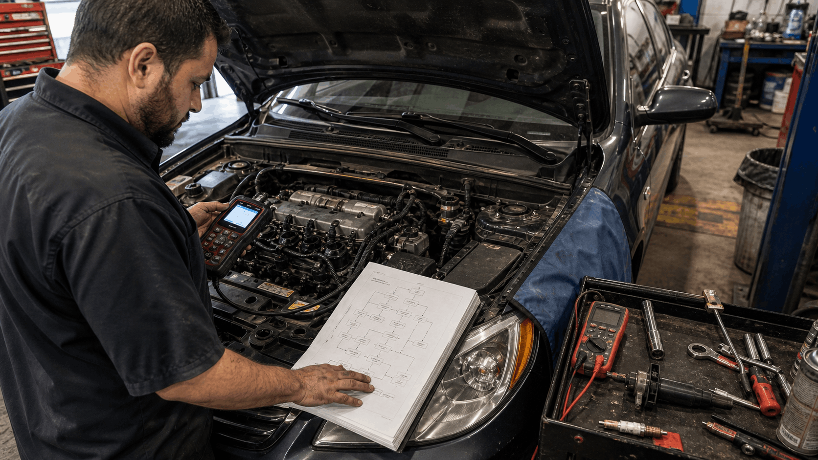 mechanic following diagnostic flowchart during repair