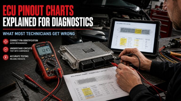 Technician testing ECU connector using pinout chart