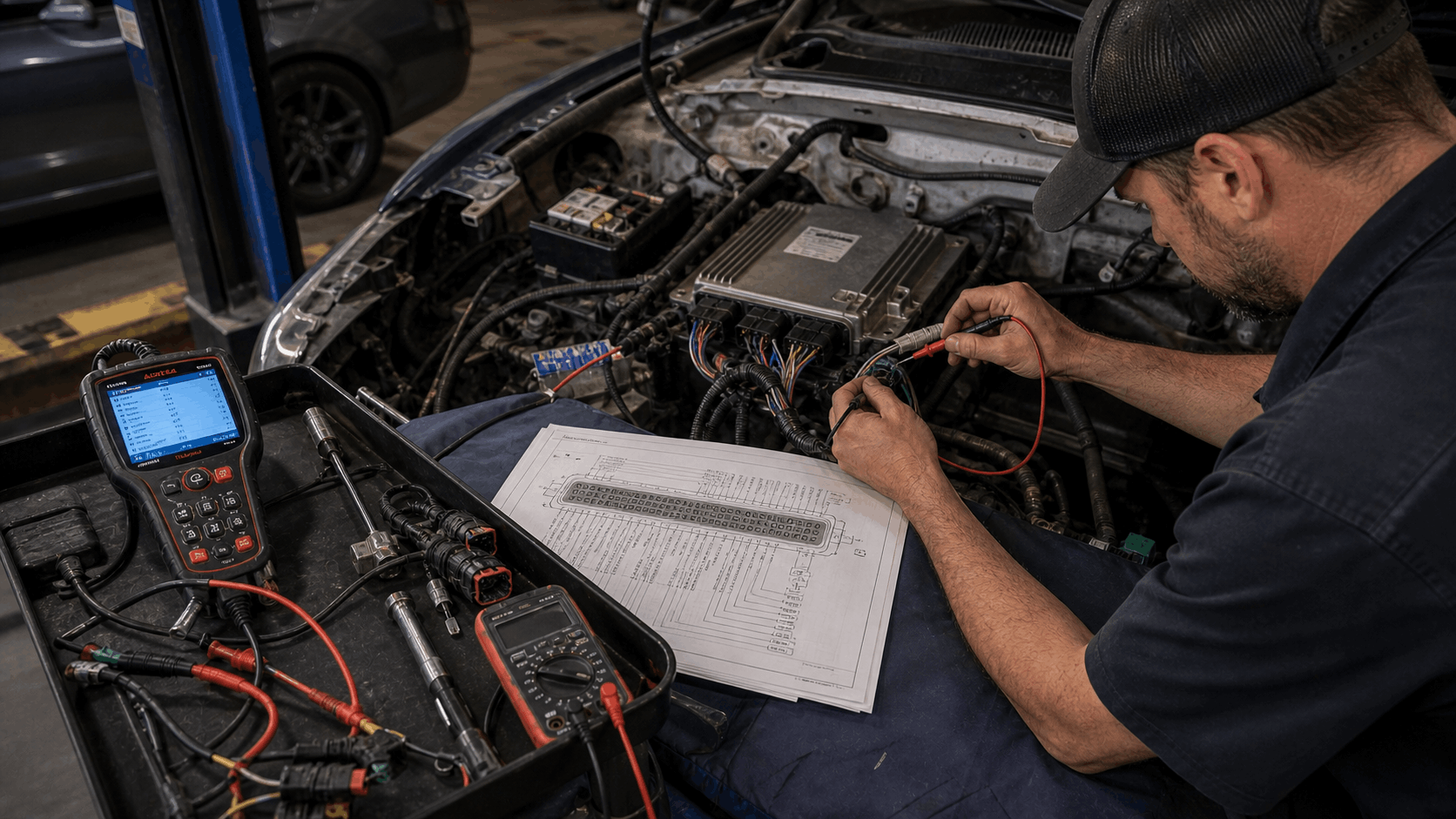 technician testing ecu connector pins during diagnosis