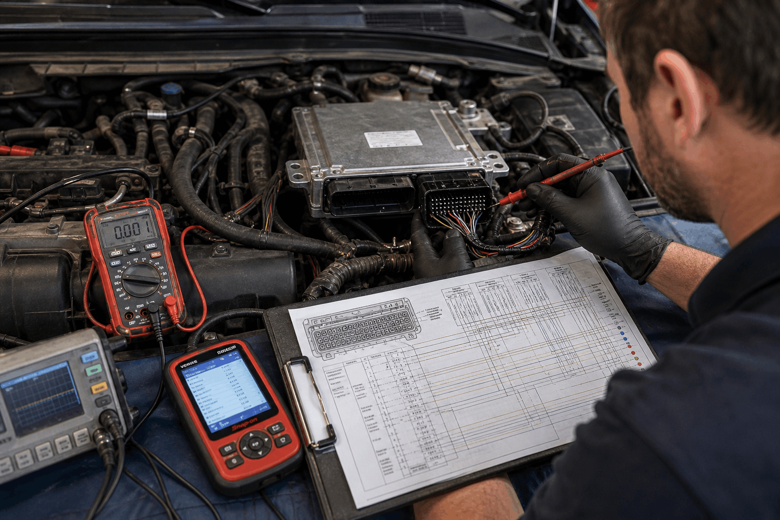 technician probing ecu connector pins during 