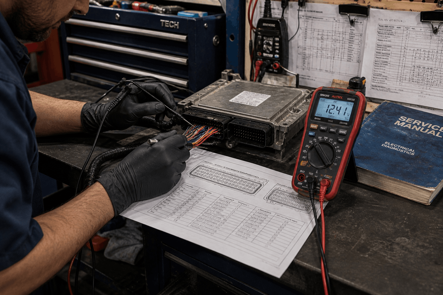 technician backprobing ecu connector using pinout chart
