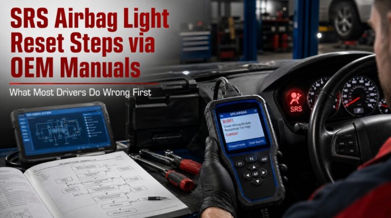 Technician resetting SRS airbag light using OEM manual