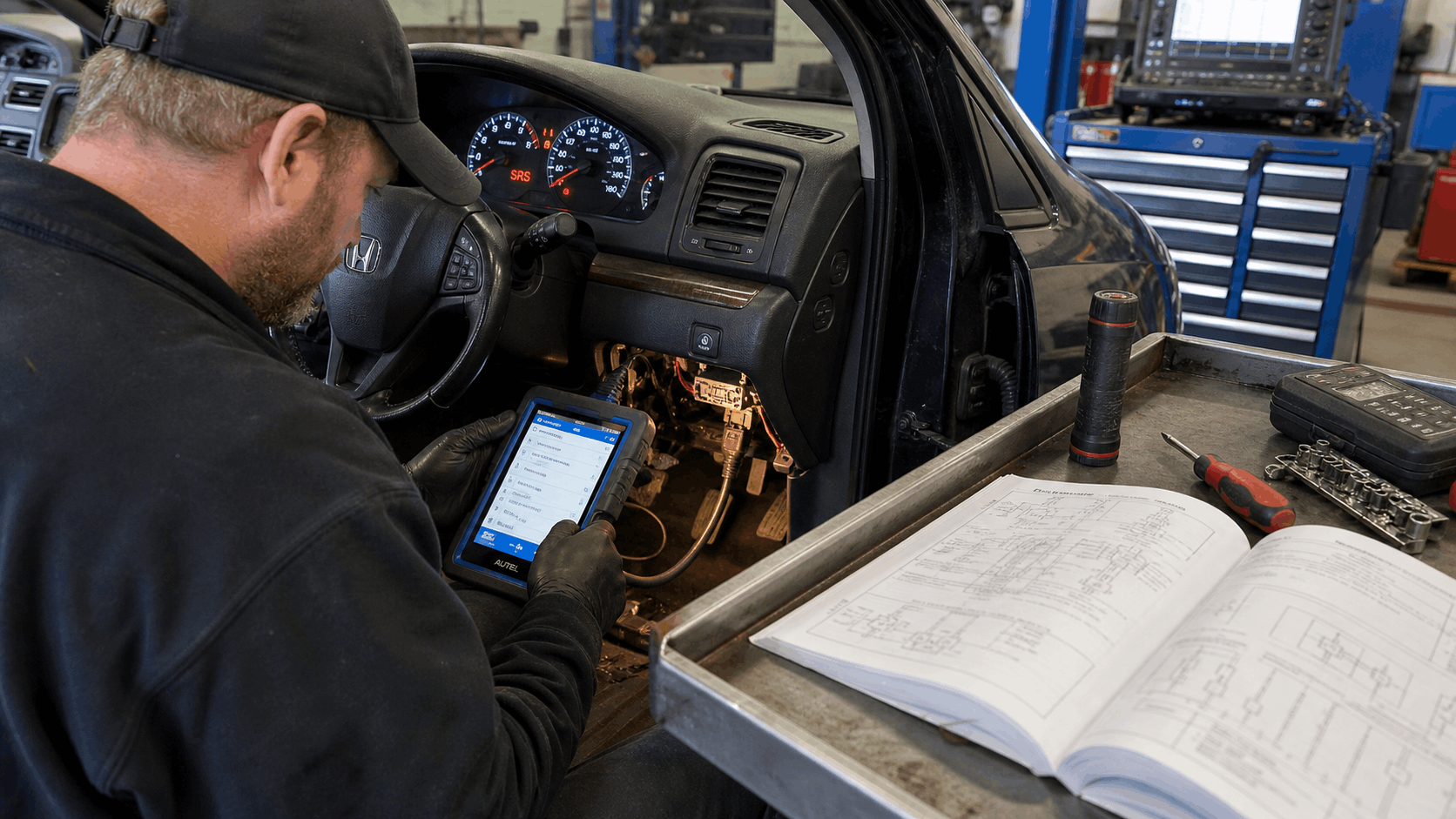 technician resetting airbag warning using scan tool