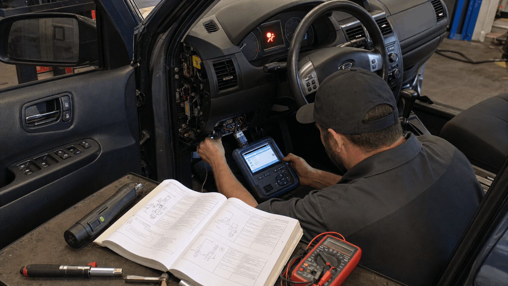 technician reading srs airbag fault codes using obd scanner