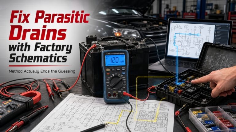 Technician diagnosing parasitic battery drain using factory wiring schematics