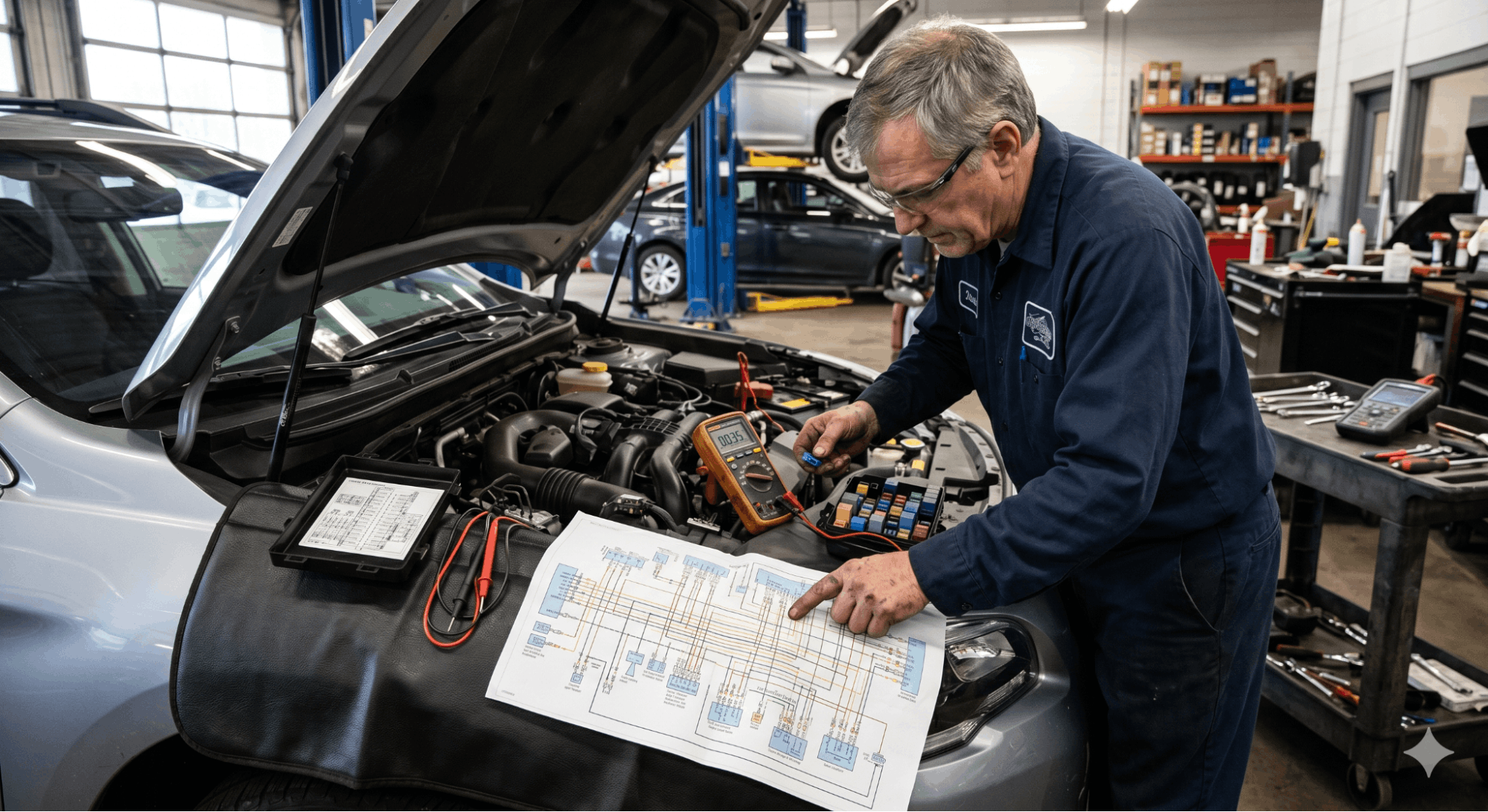 technician diagnosing parasitic drain using wiring schematic and multimeter