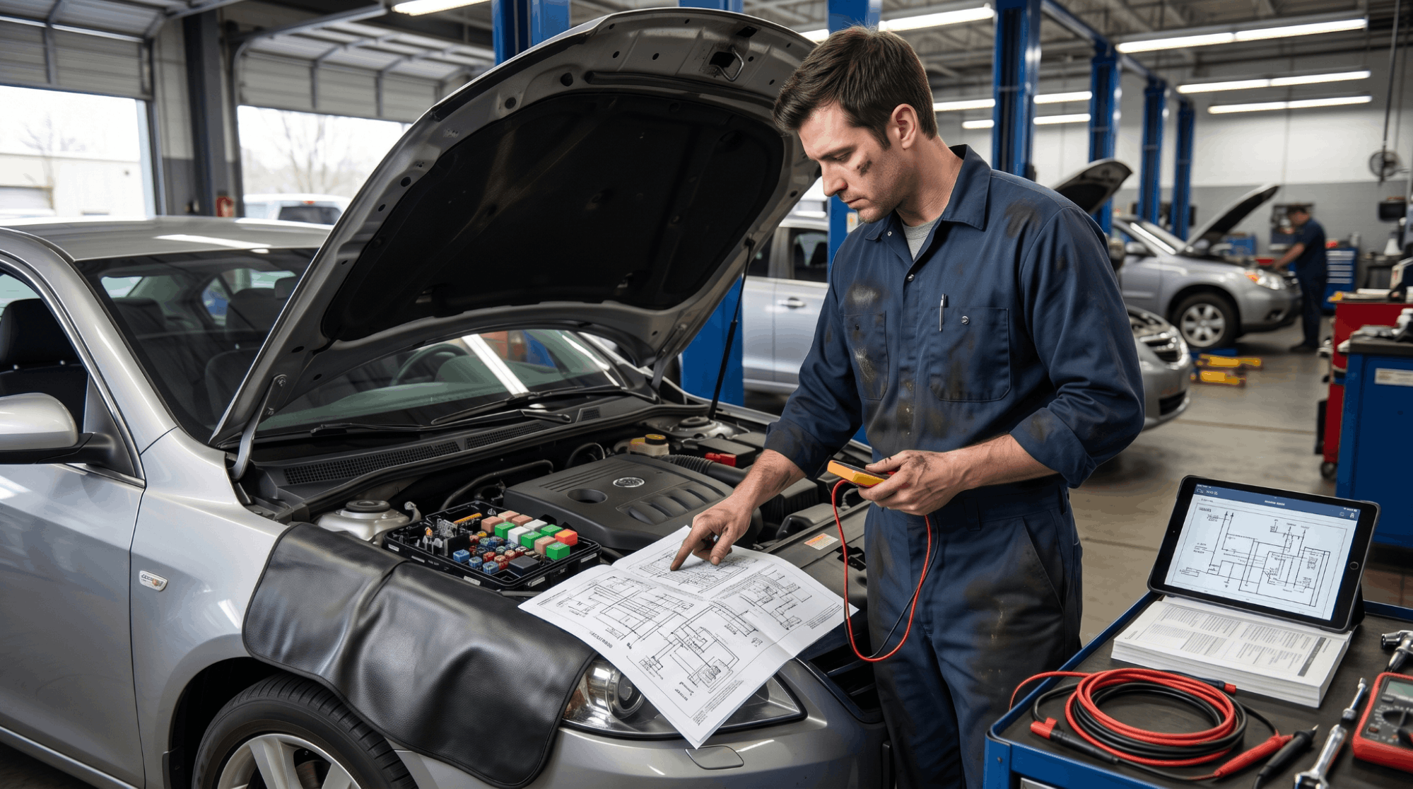 technician referencing wiring schematic while testing vehicle fuse circuits