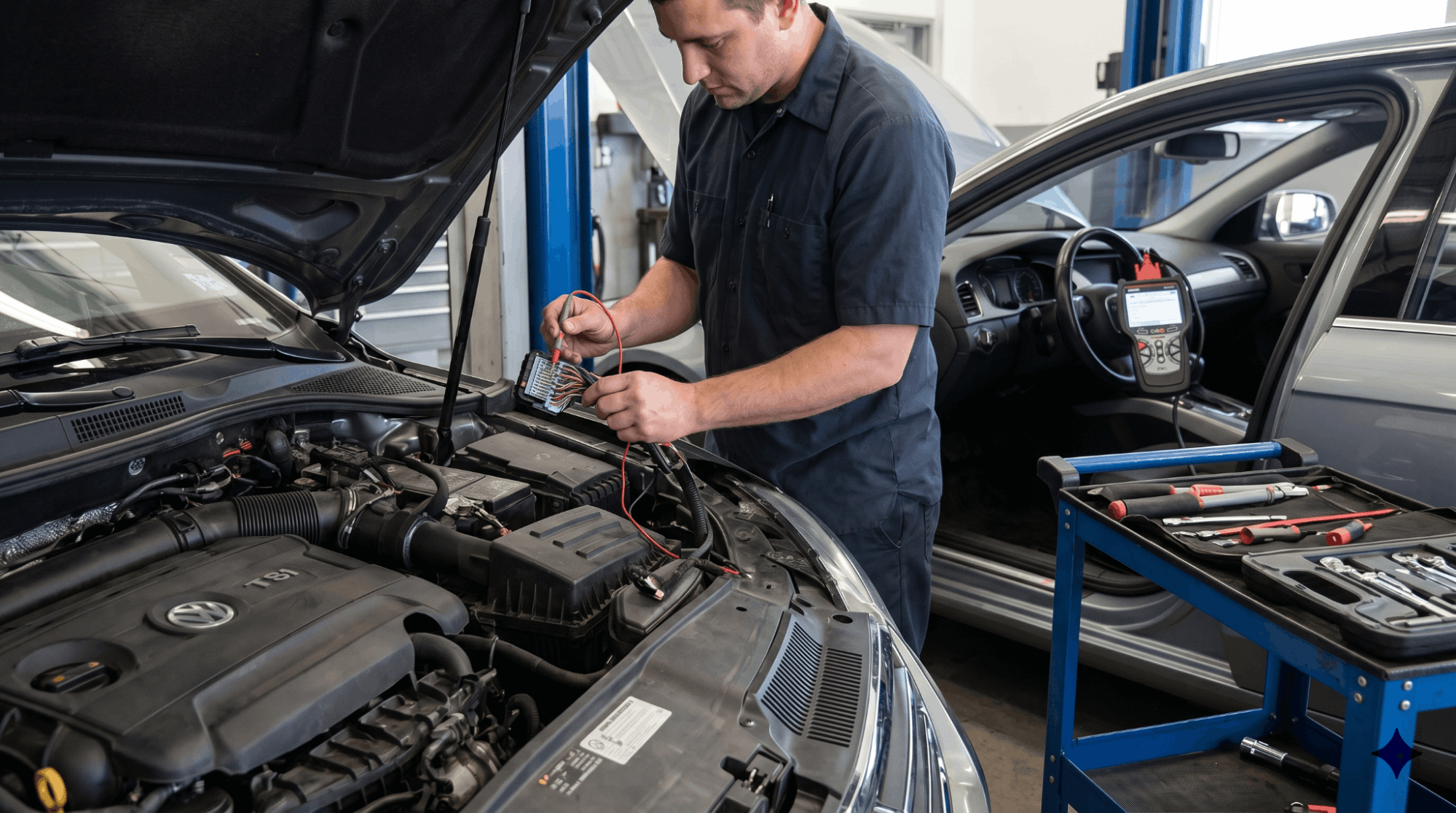 mechanic testing transmission solenoid wiring harness