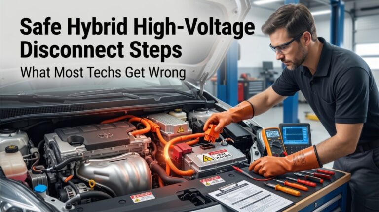 Technician safely disconnecting hybrid high-voltage battery service plug