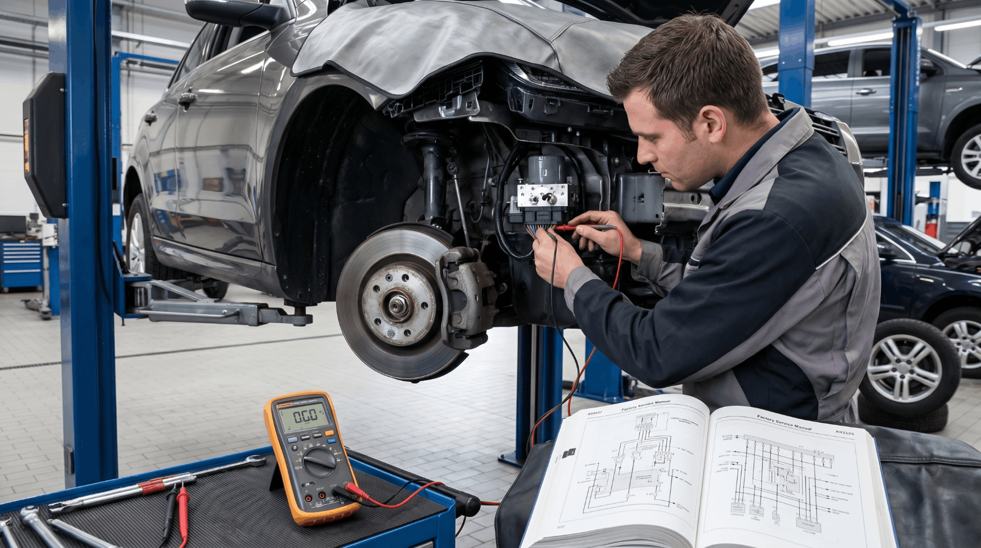 technician testing abs module power supply voltage with multimeter