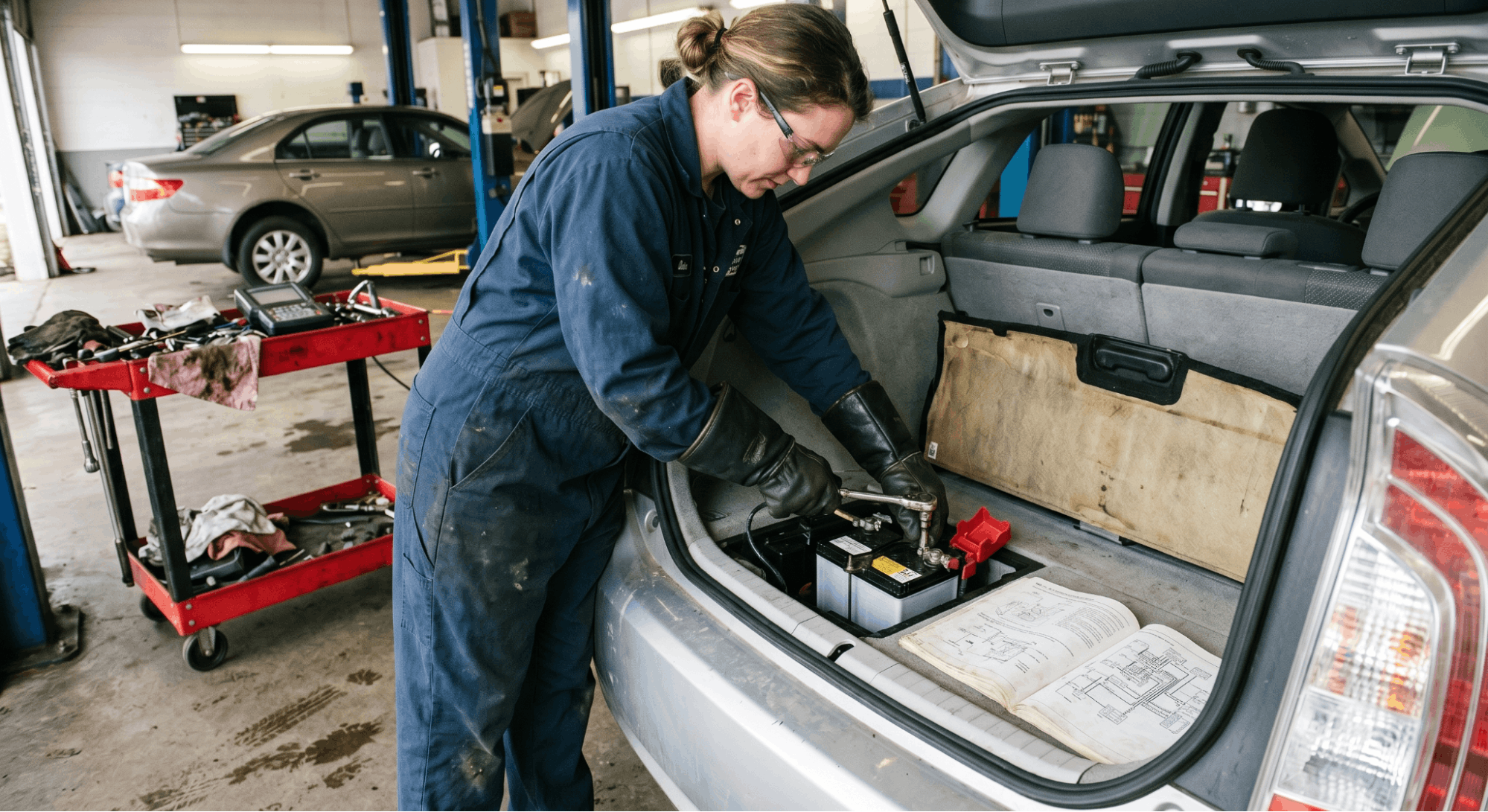 technician disconnecting hybrid vehicle 12v battery safely