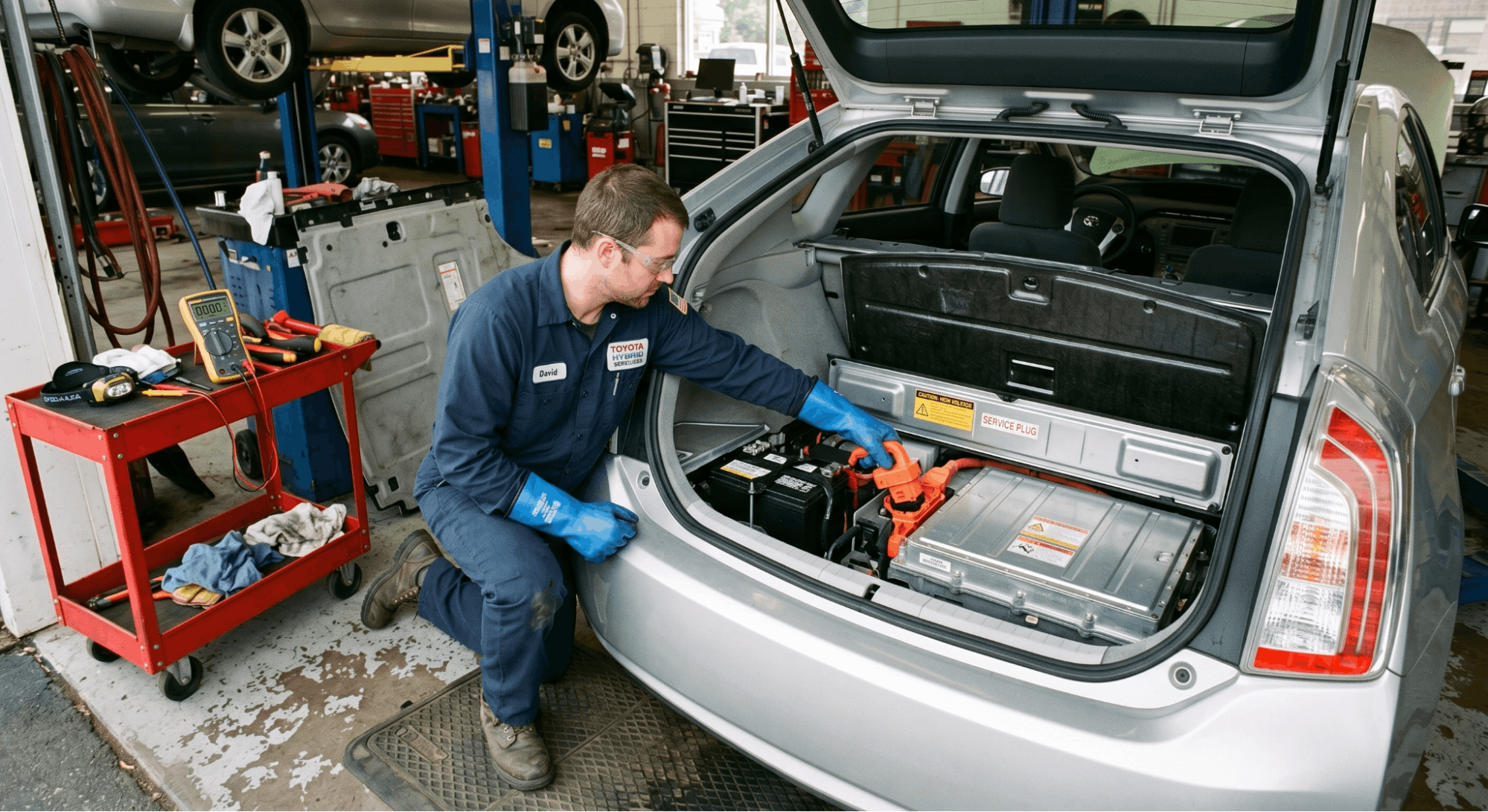 technician accessing Prius hybrid service plug location