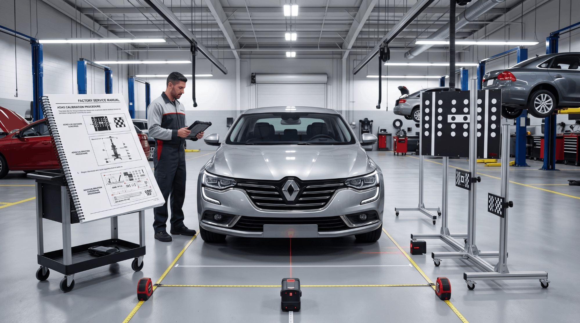 technician calibrating vehicle ADAS using OEM manual