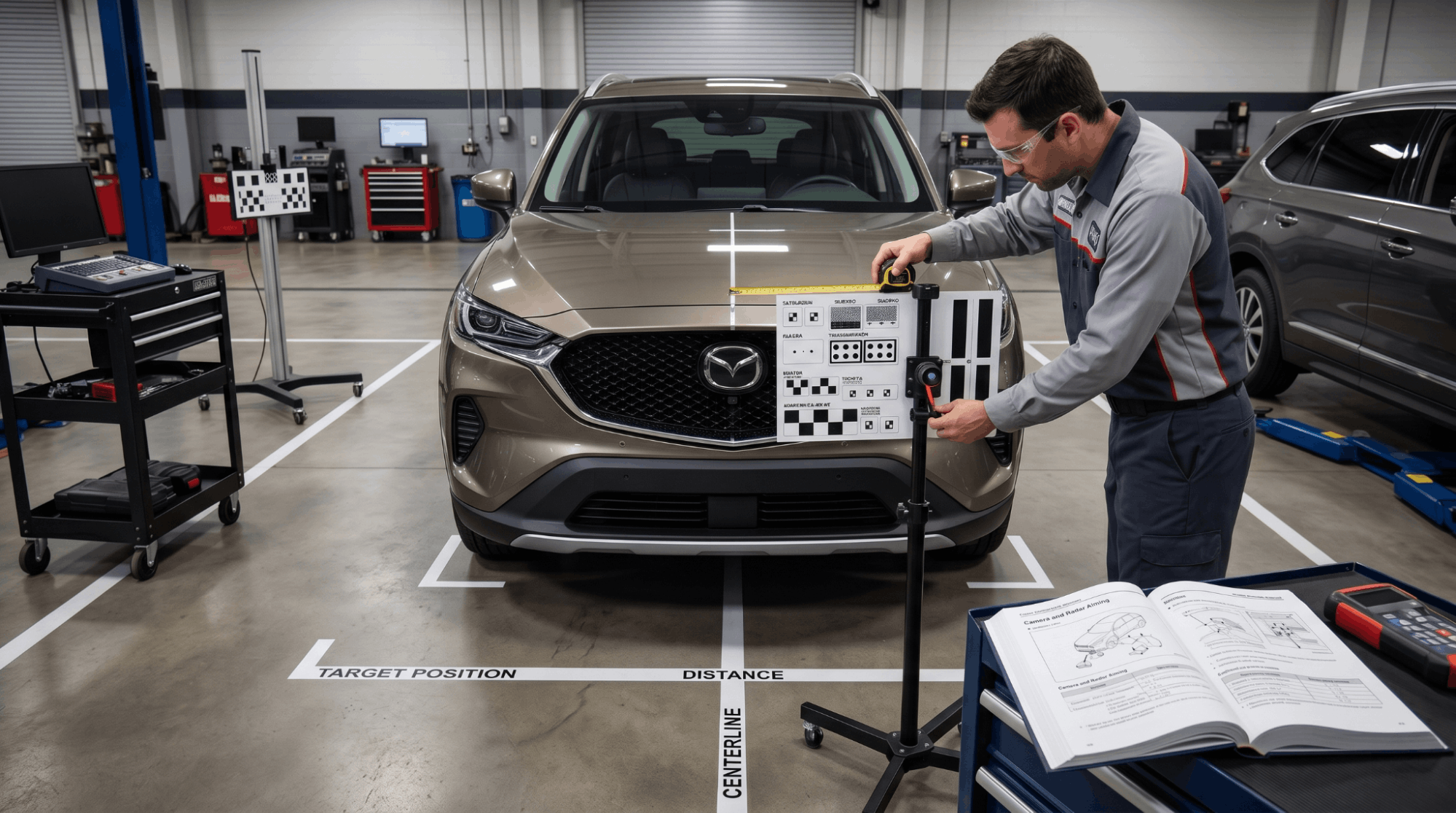technician aligning ADAS calibration target precisely