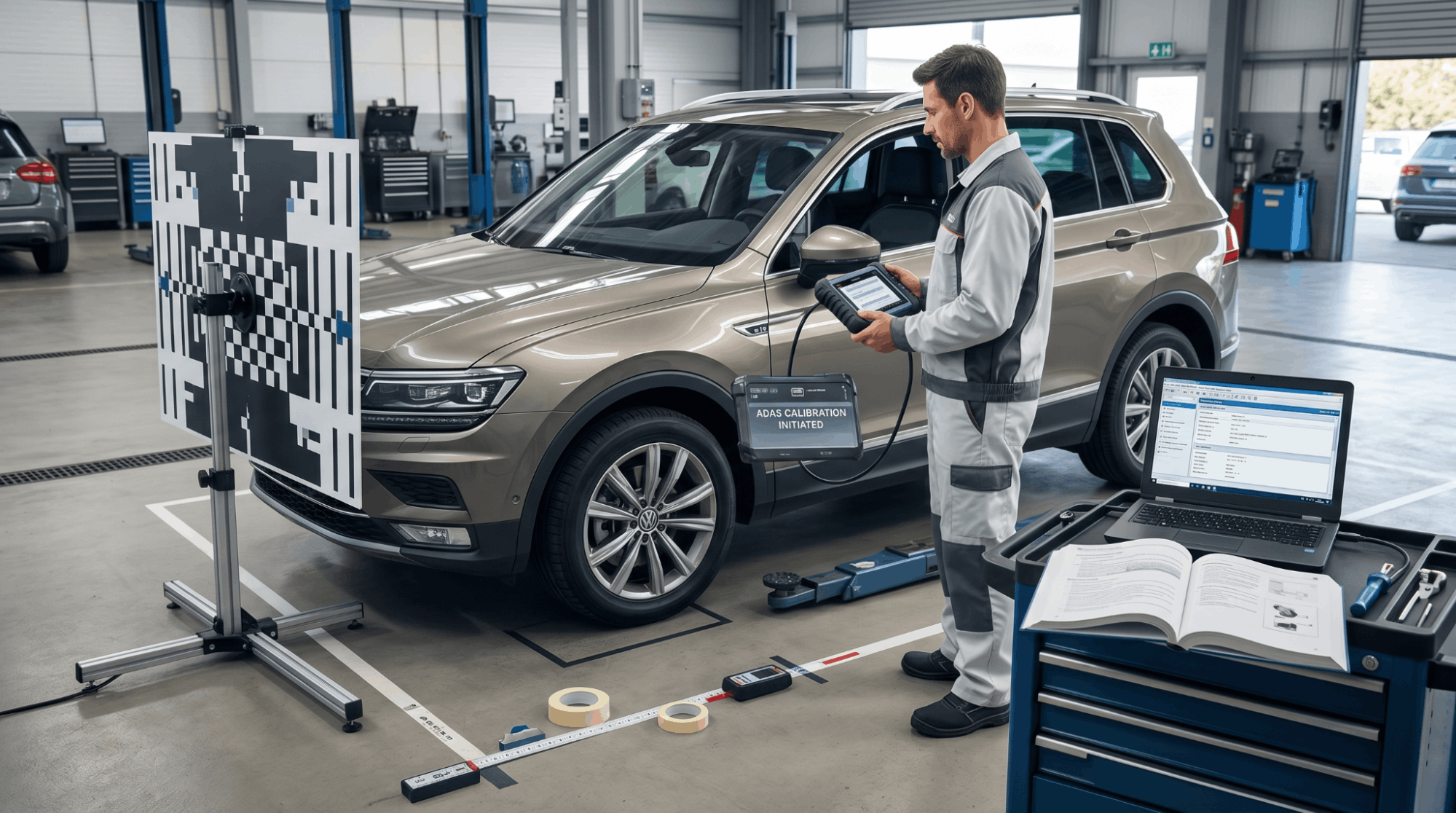 technician running ADAS calibration with scan tool