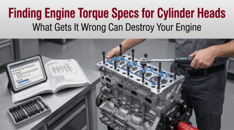 Technician tightening cylinder head bolts using OEM torque specs and service manual
