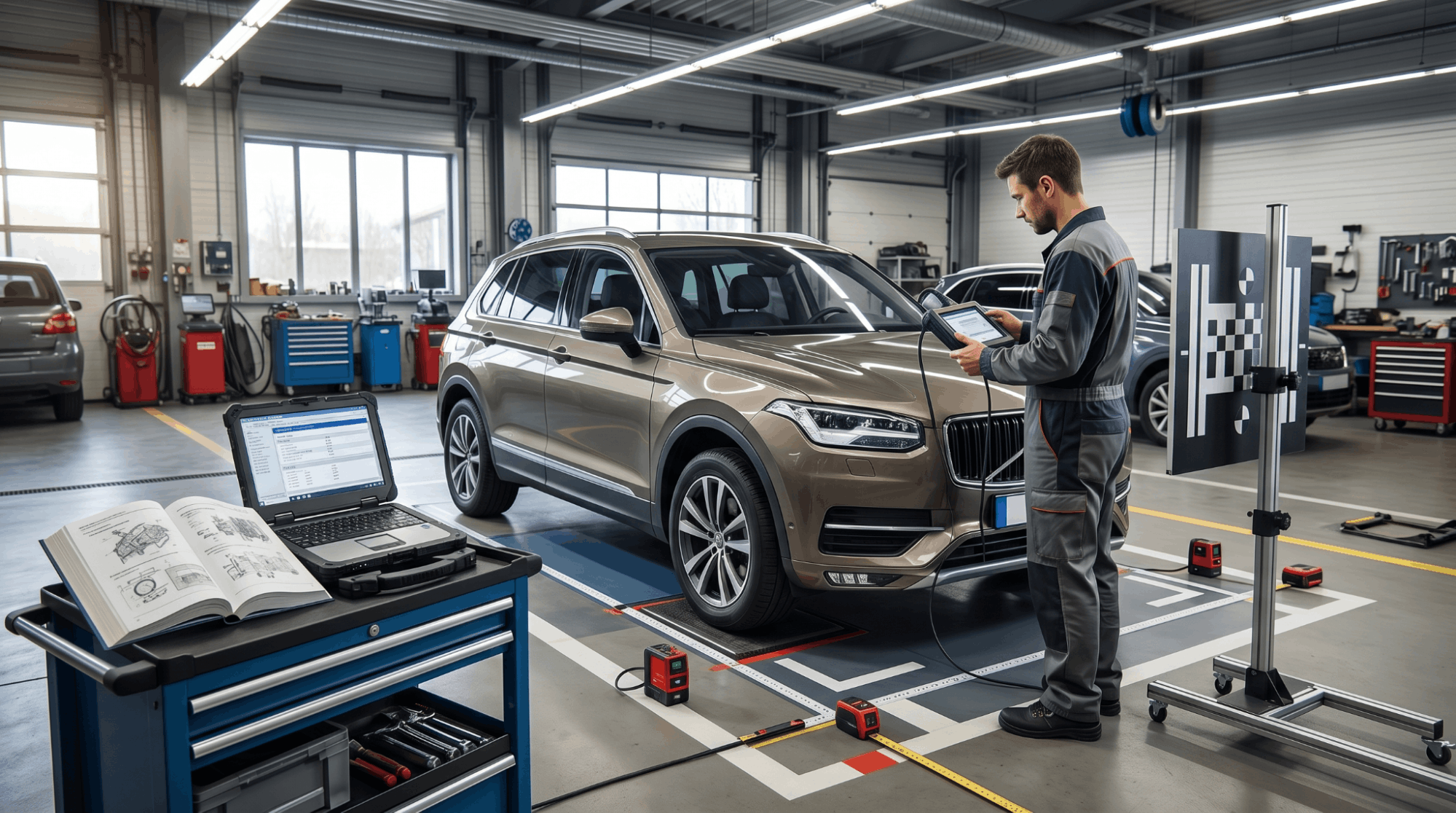 technician running ADAS calibration with scan tool