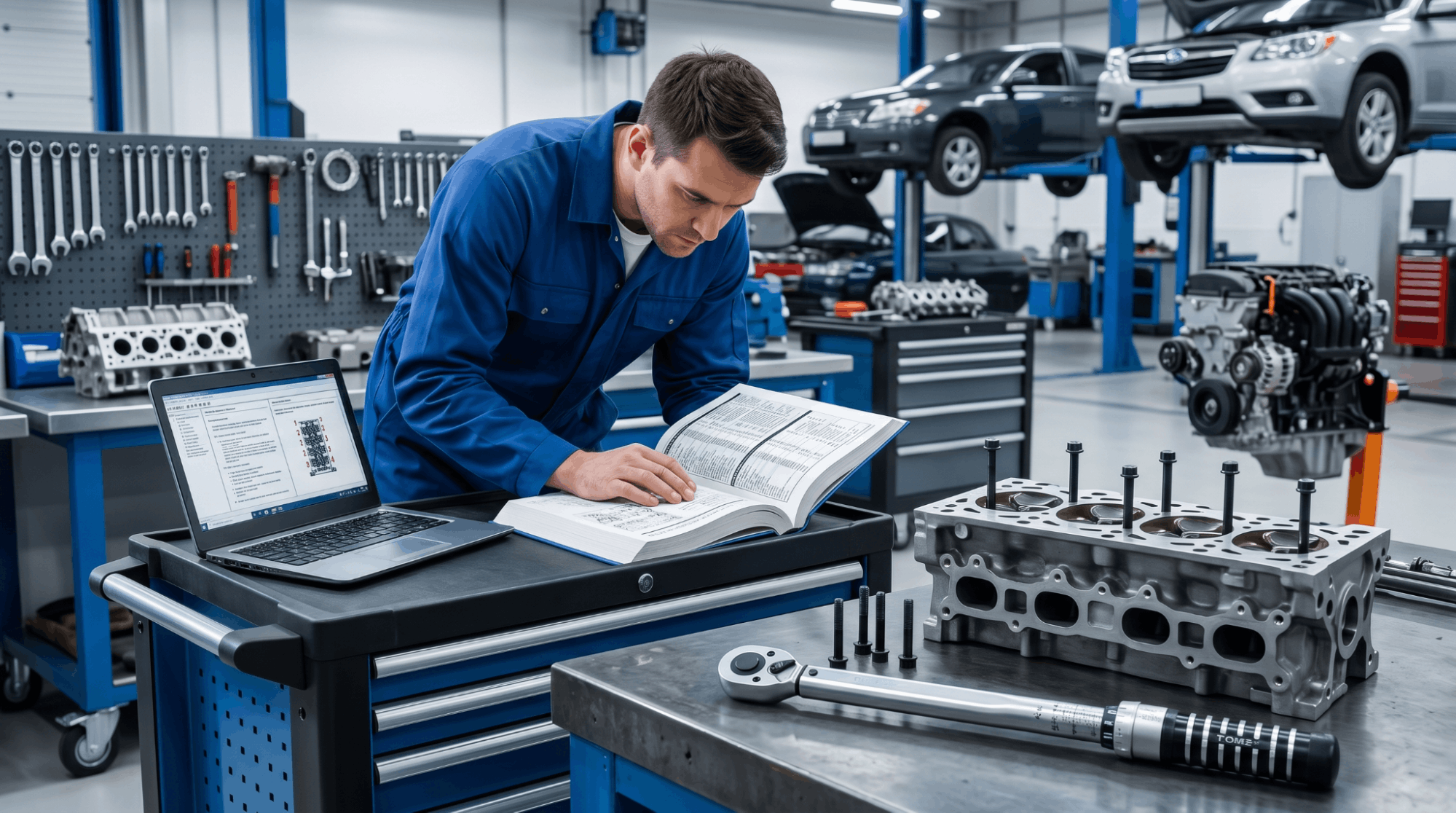 technician checking engine torque specs manual