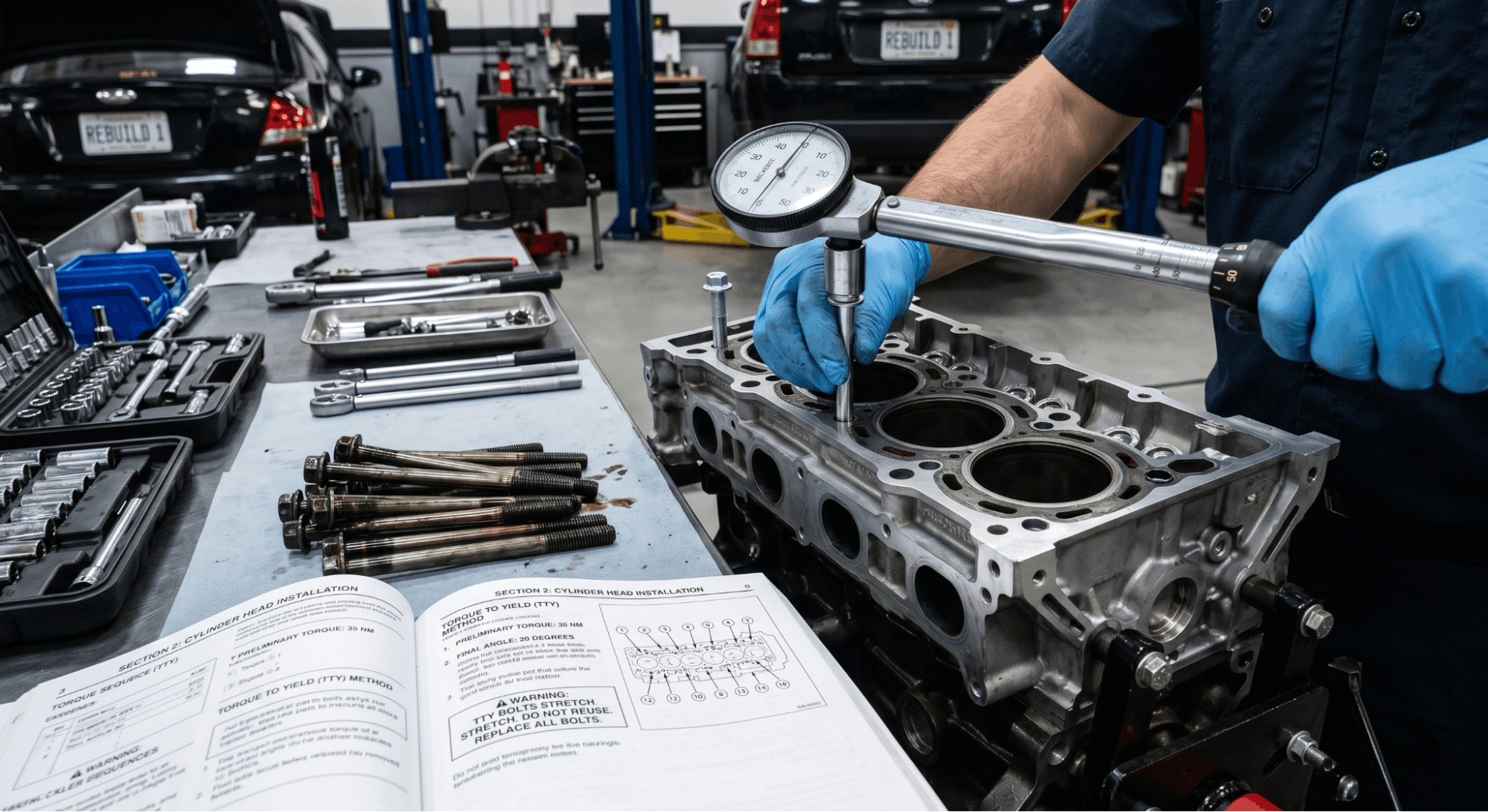 mechanic installing torque-to-yield engine head bolts