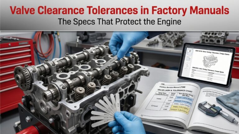 Technician measuring valve clearance using feeler gauge and factory manual specs