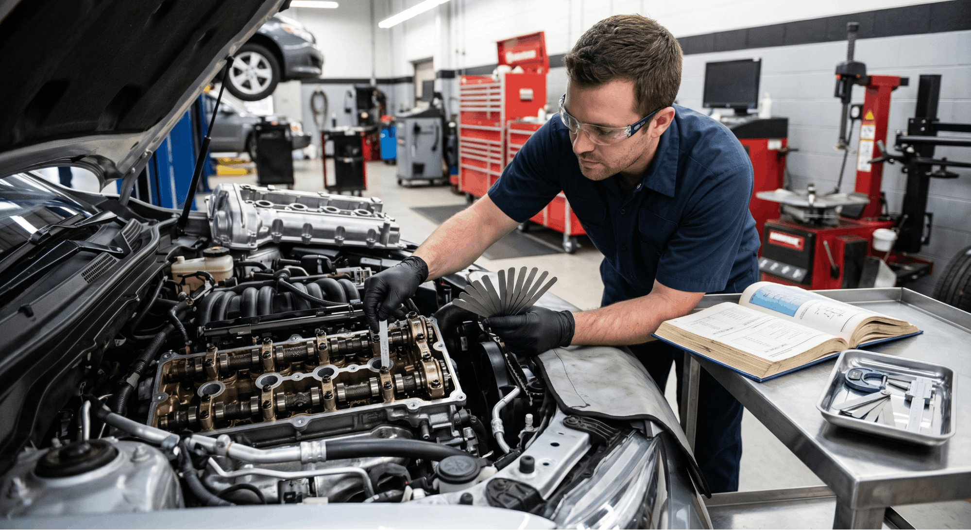 technician measuring valve clearance using feeler gauge on engine