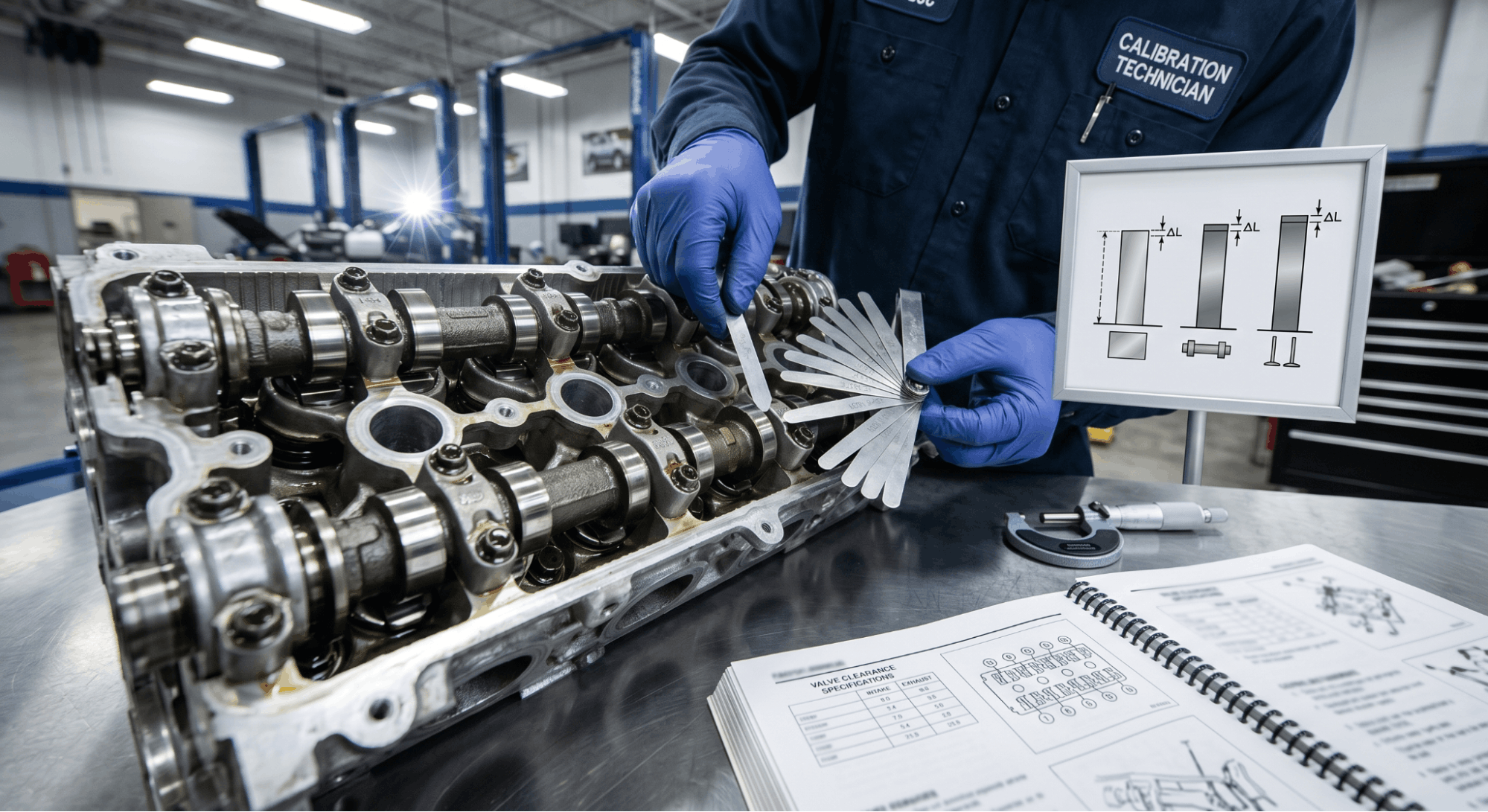technician measuring valve clearance while referencing factory engine specs