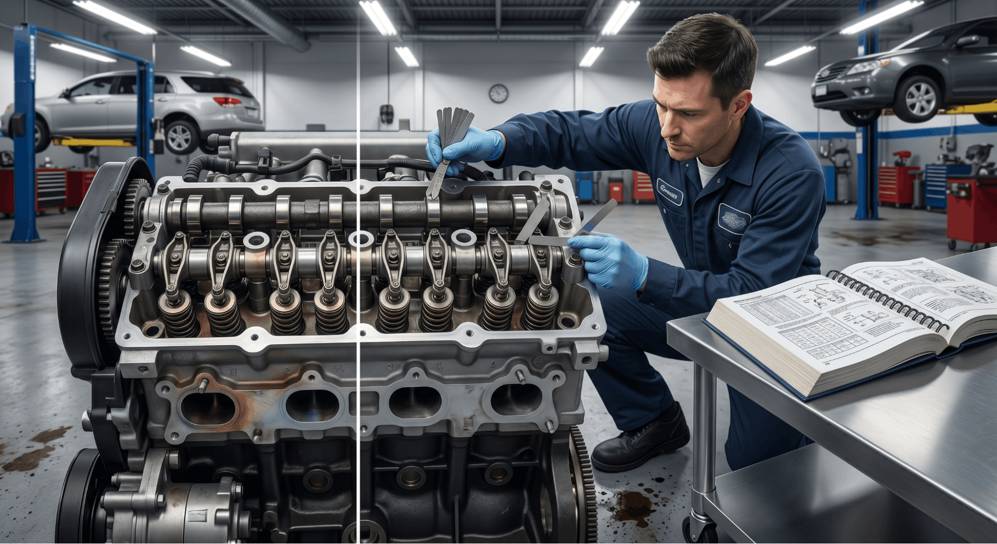technician inspecting valve clearance on exposed engine valve train