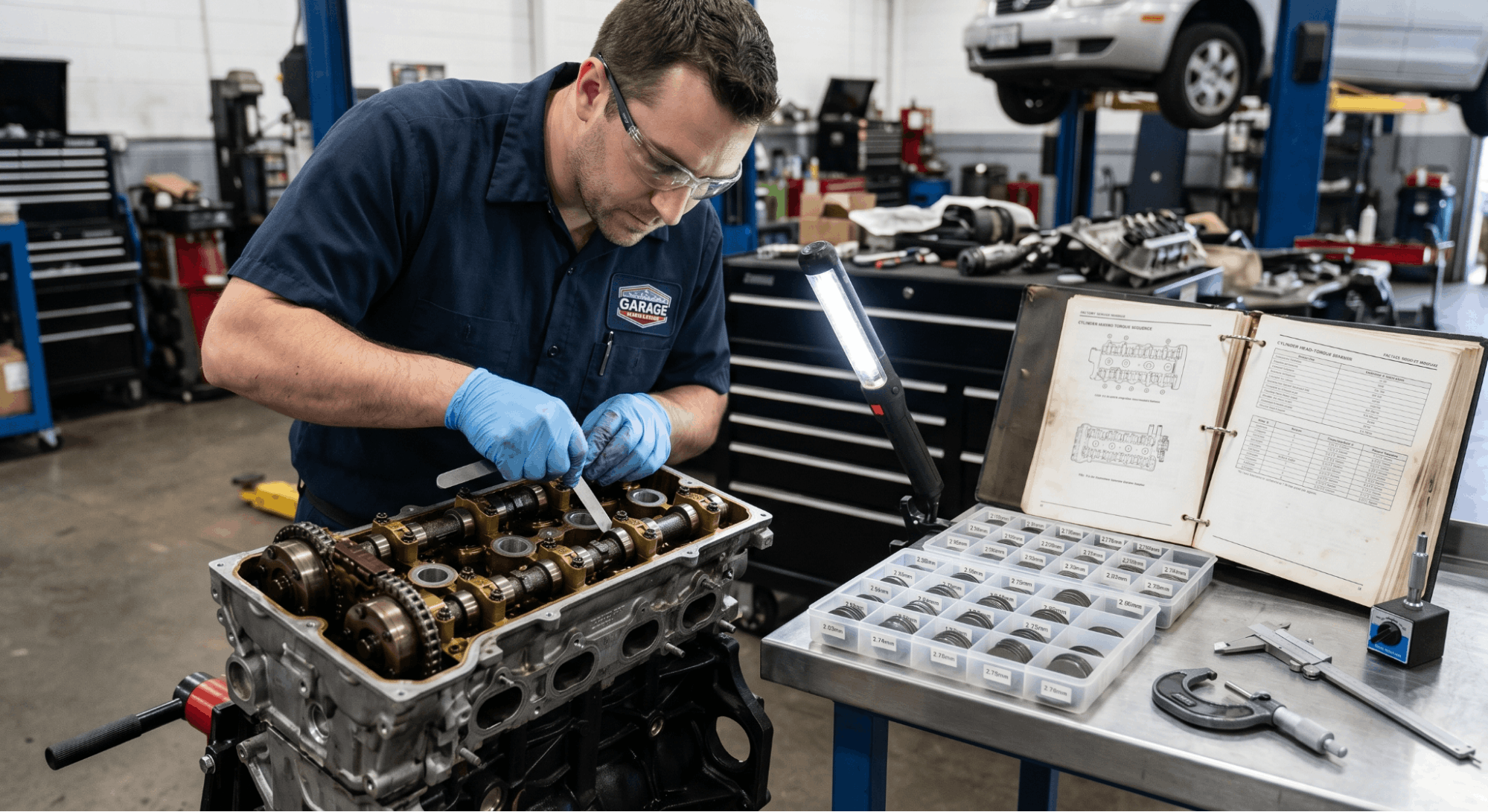 technician measuring valve clearance and selecting engine shims