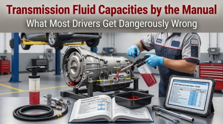 Technician filling transmission fluid using OEM capacity specifications from service manual
