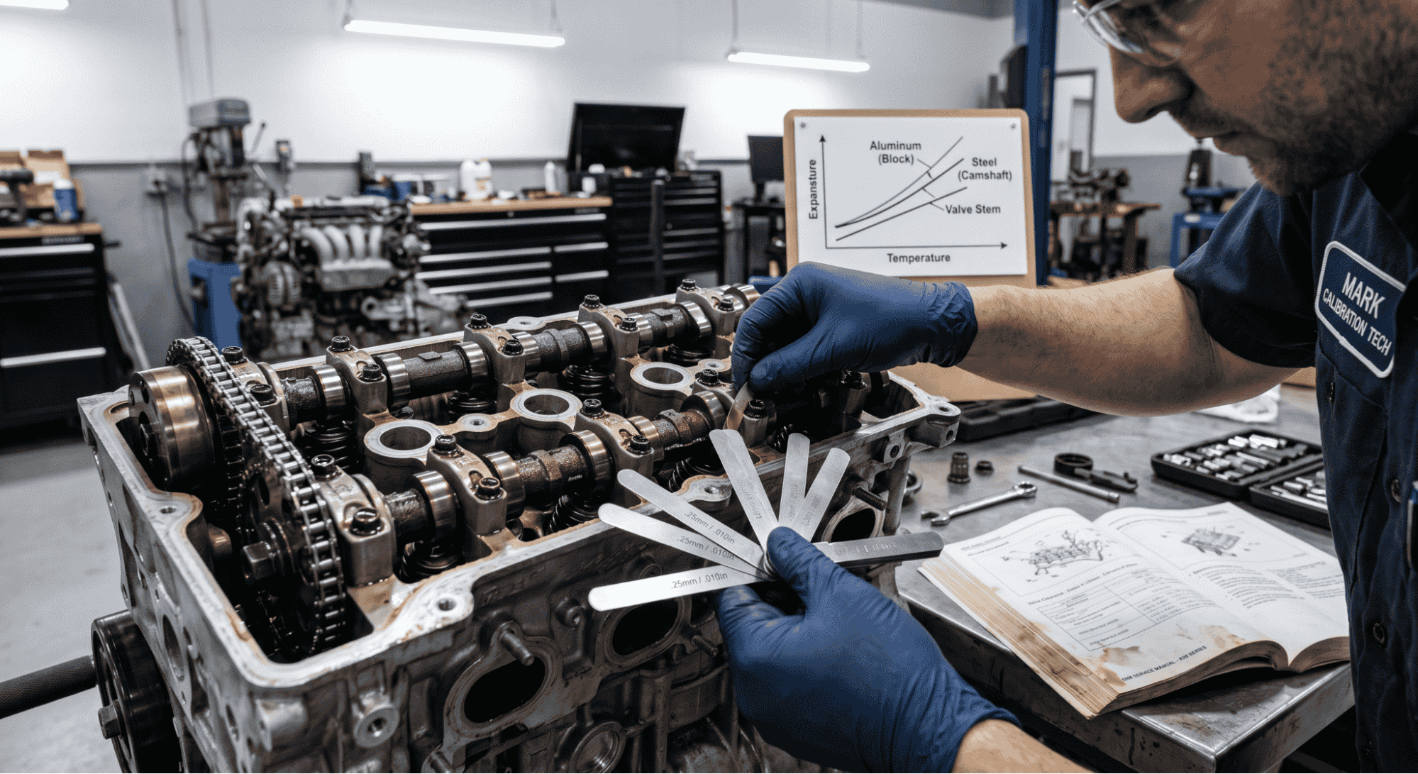 technician measuring valve clearance while referencing factory engine specs
