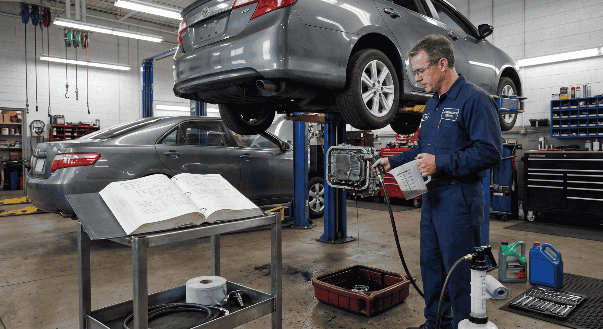 technician comparing transmission fluid capacity during service using factory manual