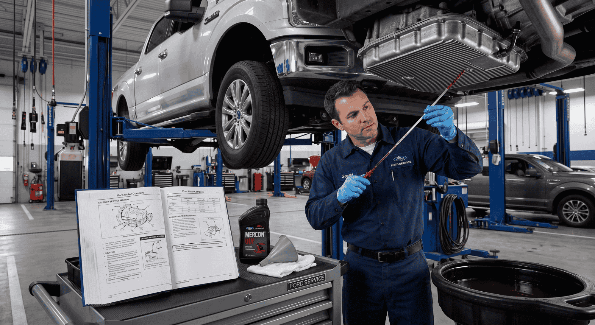 technician verifying transmission fluid level using factory manual procedure