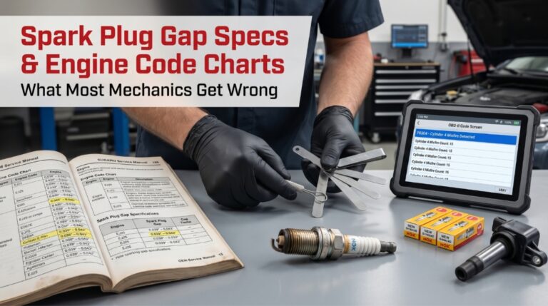 Technician measuring spark plug gap using OEM engine code chart
