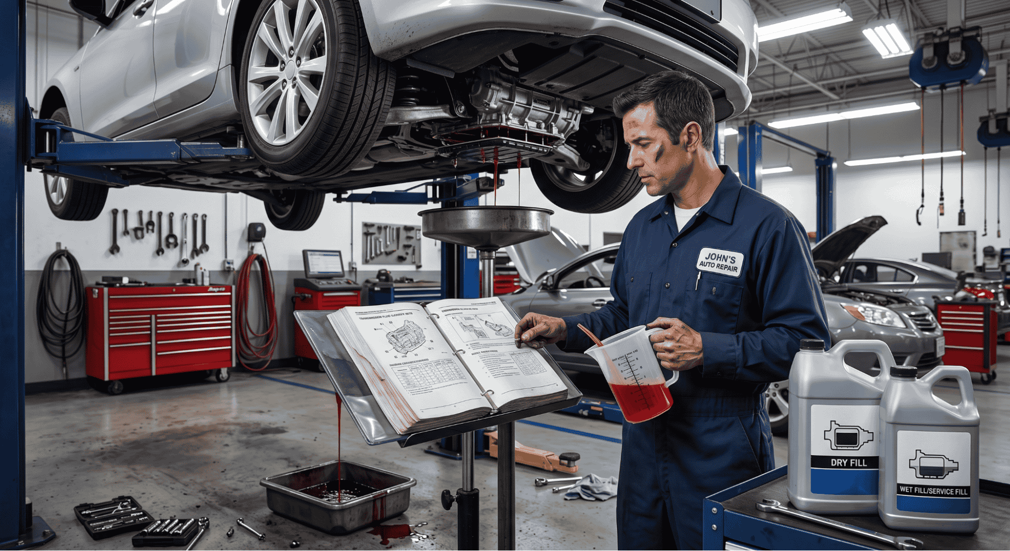 technician comparing transmission fluid capacity during service using factory manual