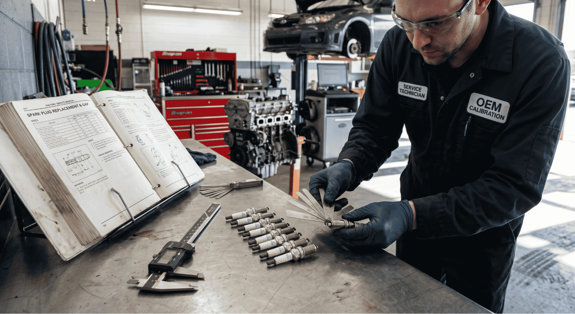 technician measuring spark plug gap using feeler gauge and factory manual