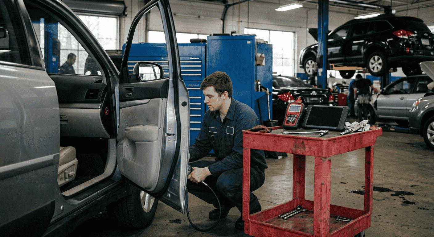 mechanic checking tire pressure before tpms drive