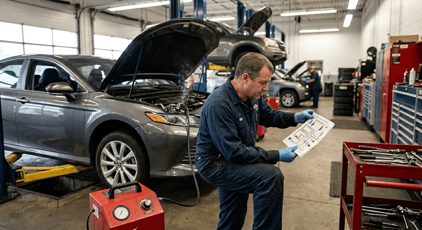 mechanic tracing evap vacuum hoses during diagnosis