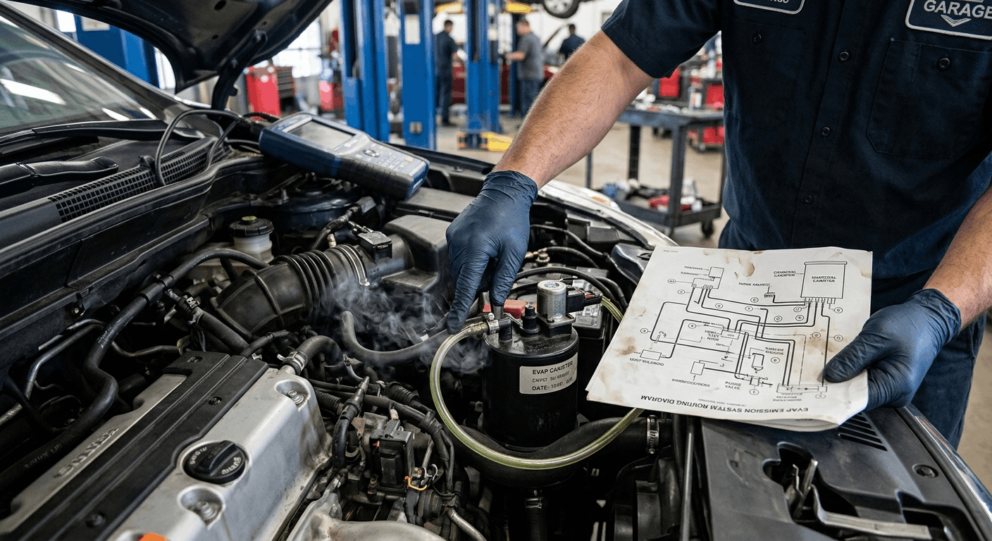 technician tracing evap vacuum hoses using diagram