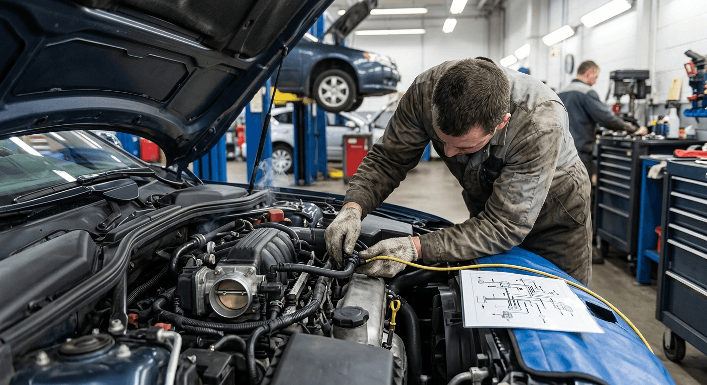 mechanic inspecting evap hoses with routing diagram