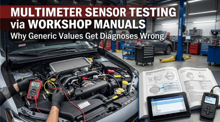 Technician testing engine sensor with multimeter using workshop manual data