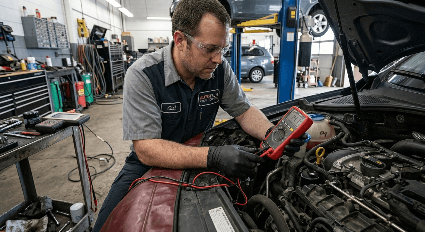 technician testing sensor with multimeter using workshop manual specs