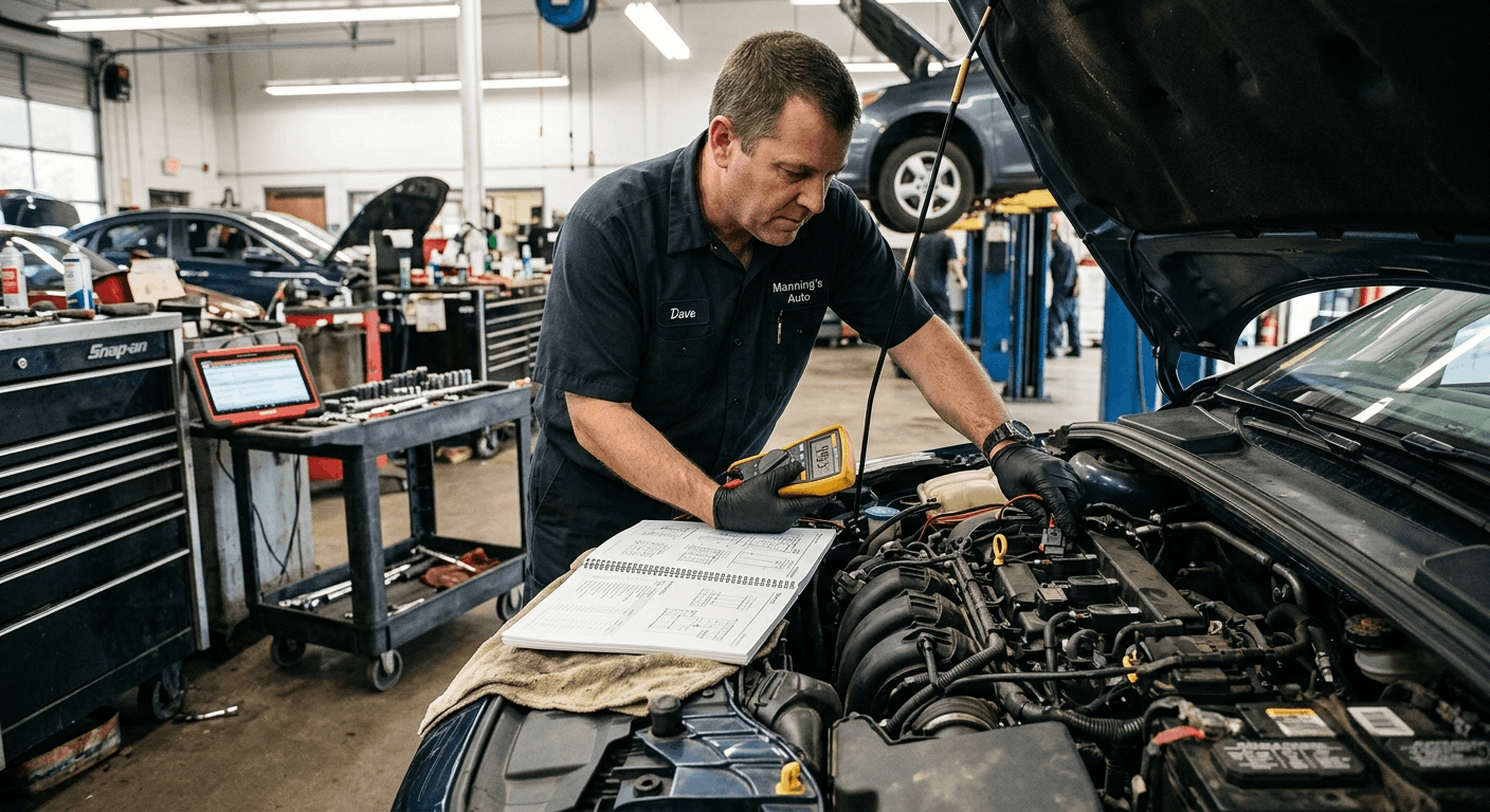 technician referencing workshop manual sensor specification table during testing