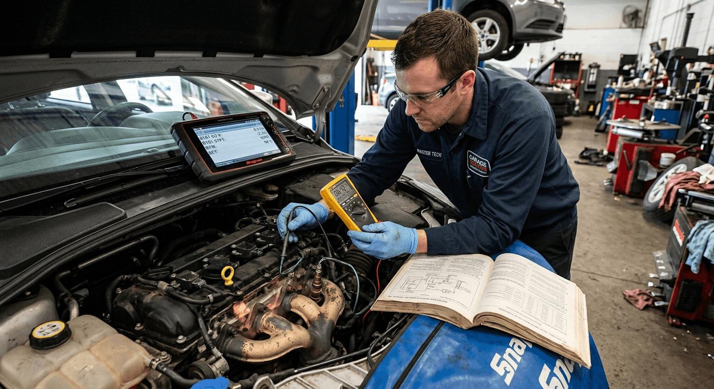 technician testing oxygen sensor with multimeter in engine bay