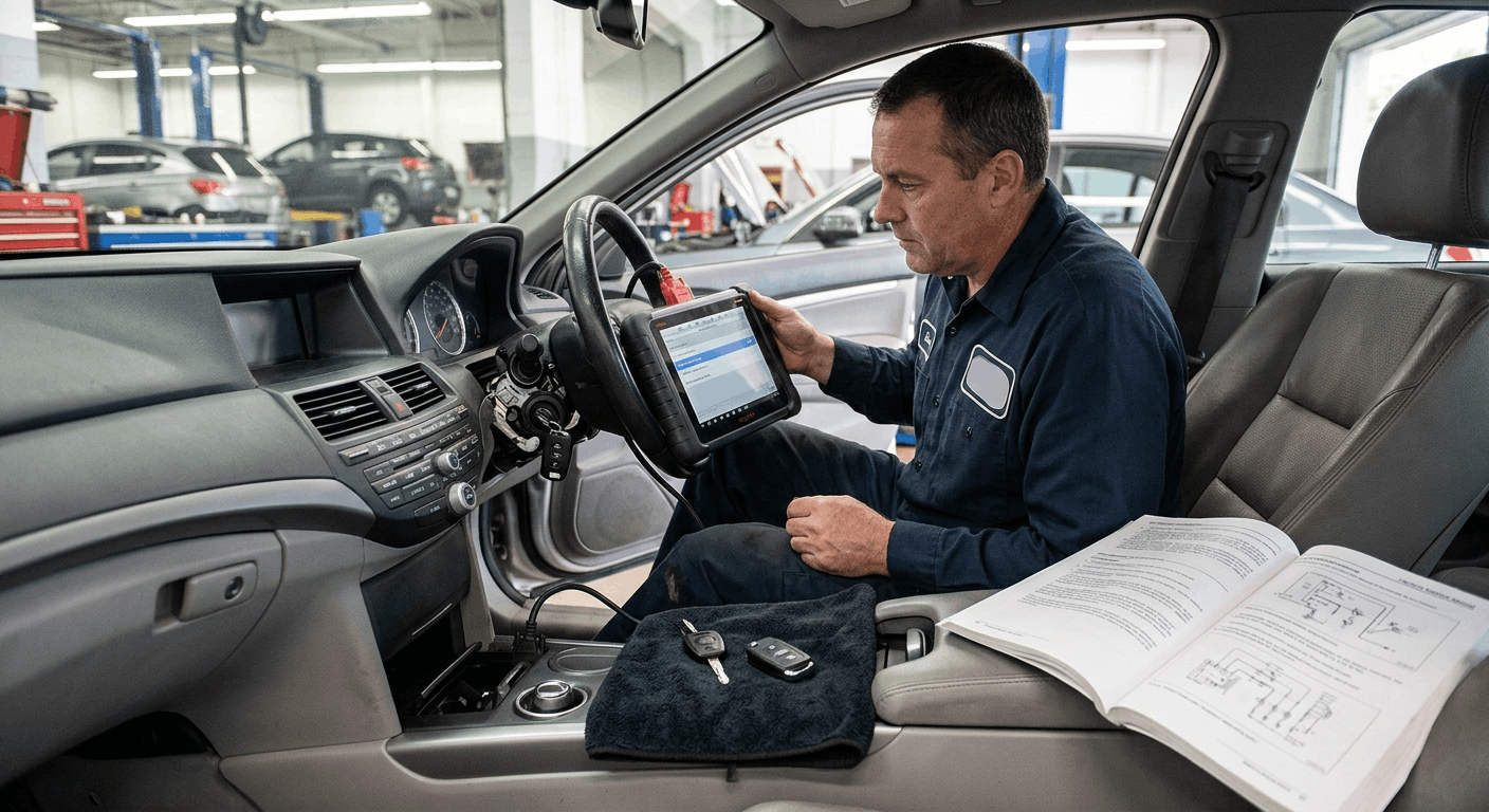 technician programming immobilizer key using diagnostic scan tool