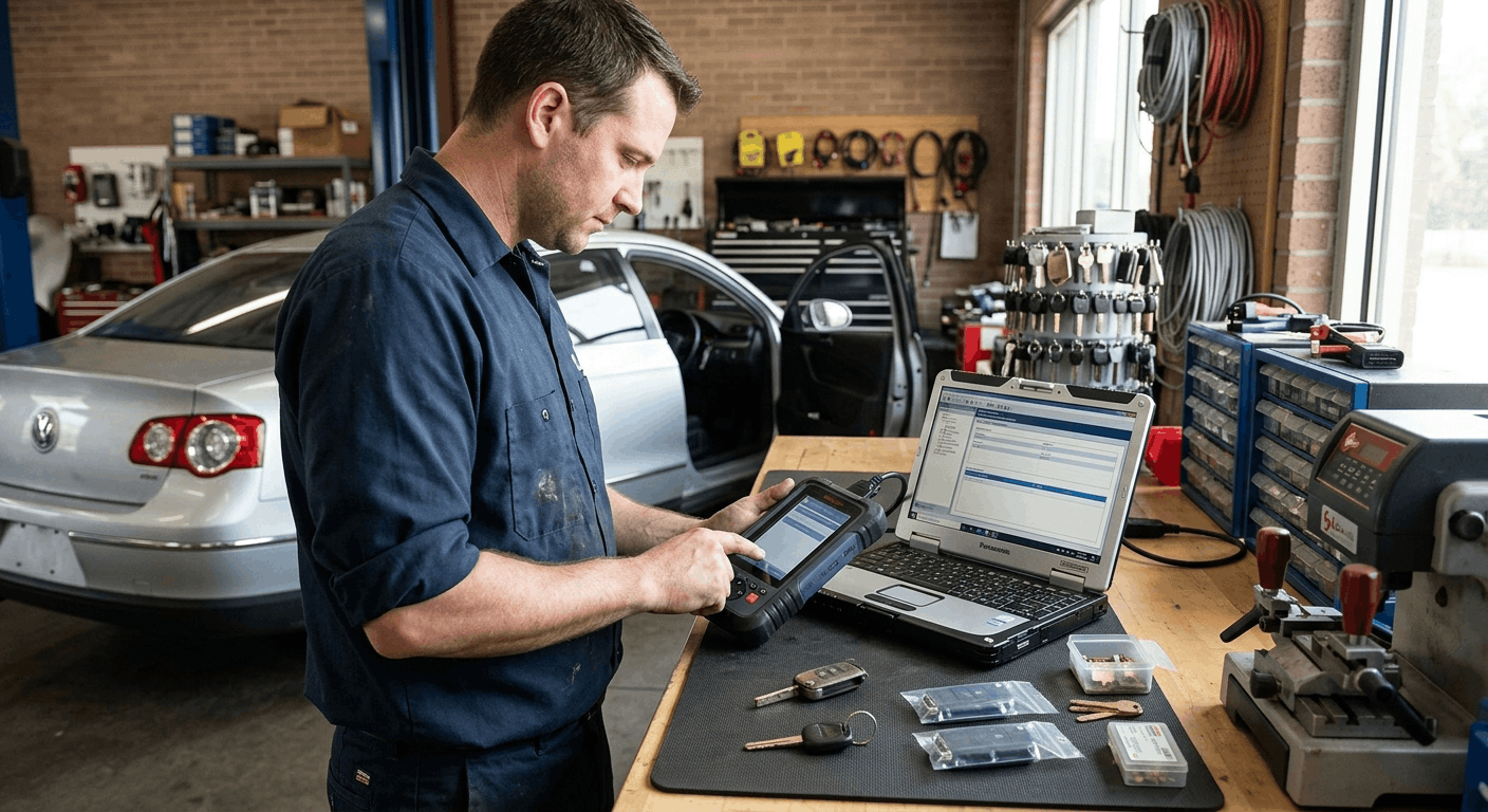 technician preparing keys and scan tool for immobilizer programming