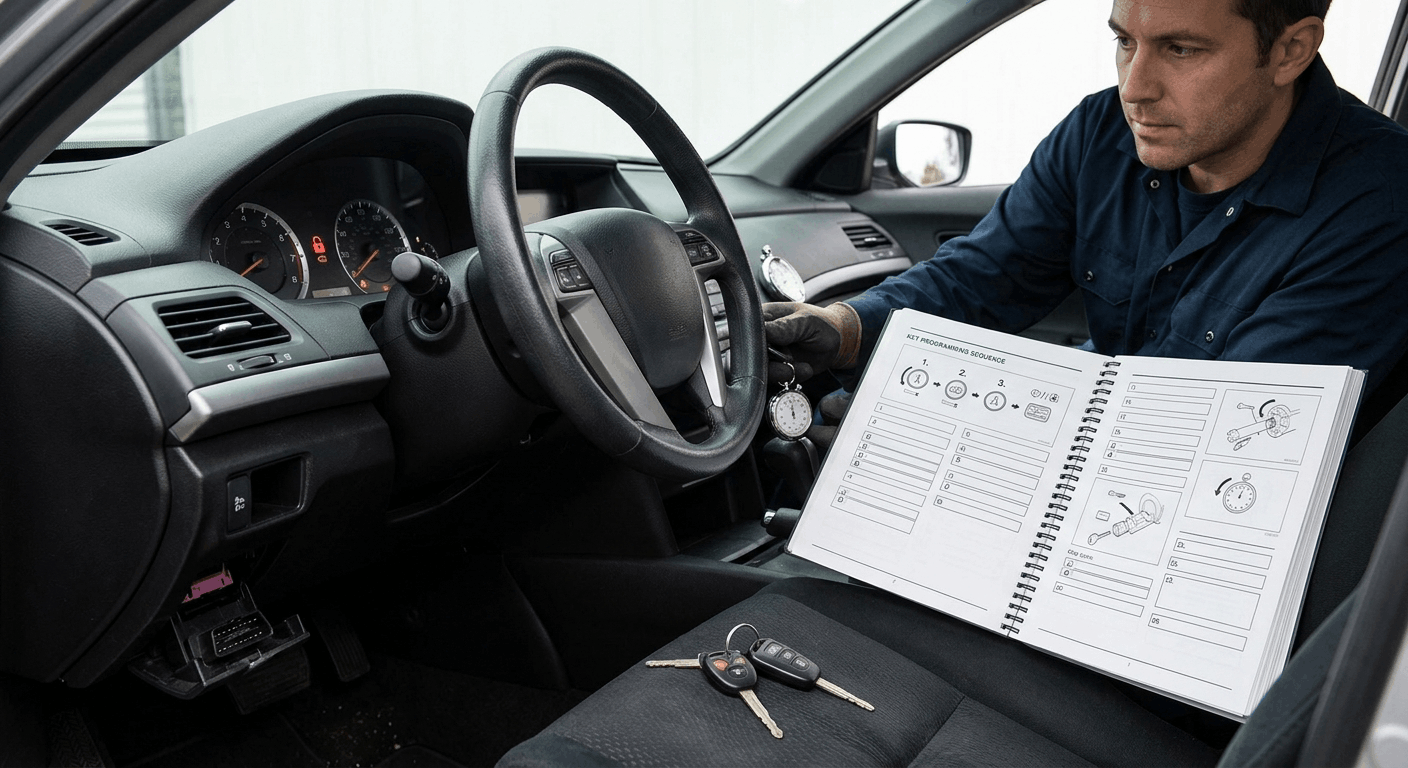 technician performing ignition cycle for immobilizer key programming inside car